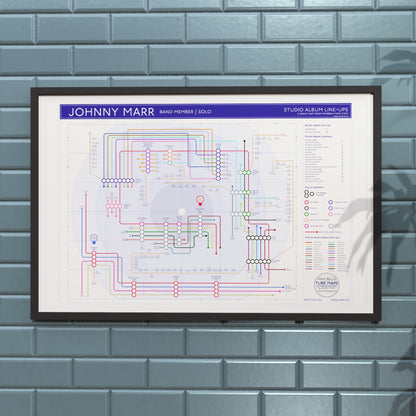 Johnny Marr gift for fans — discography tube map wall art, 36x24in US size in black wooden frame, Giclée print by Mike Bell.