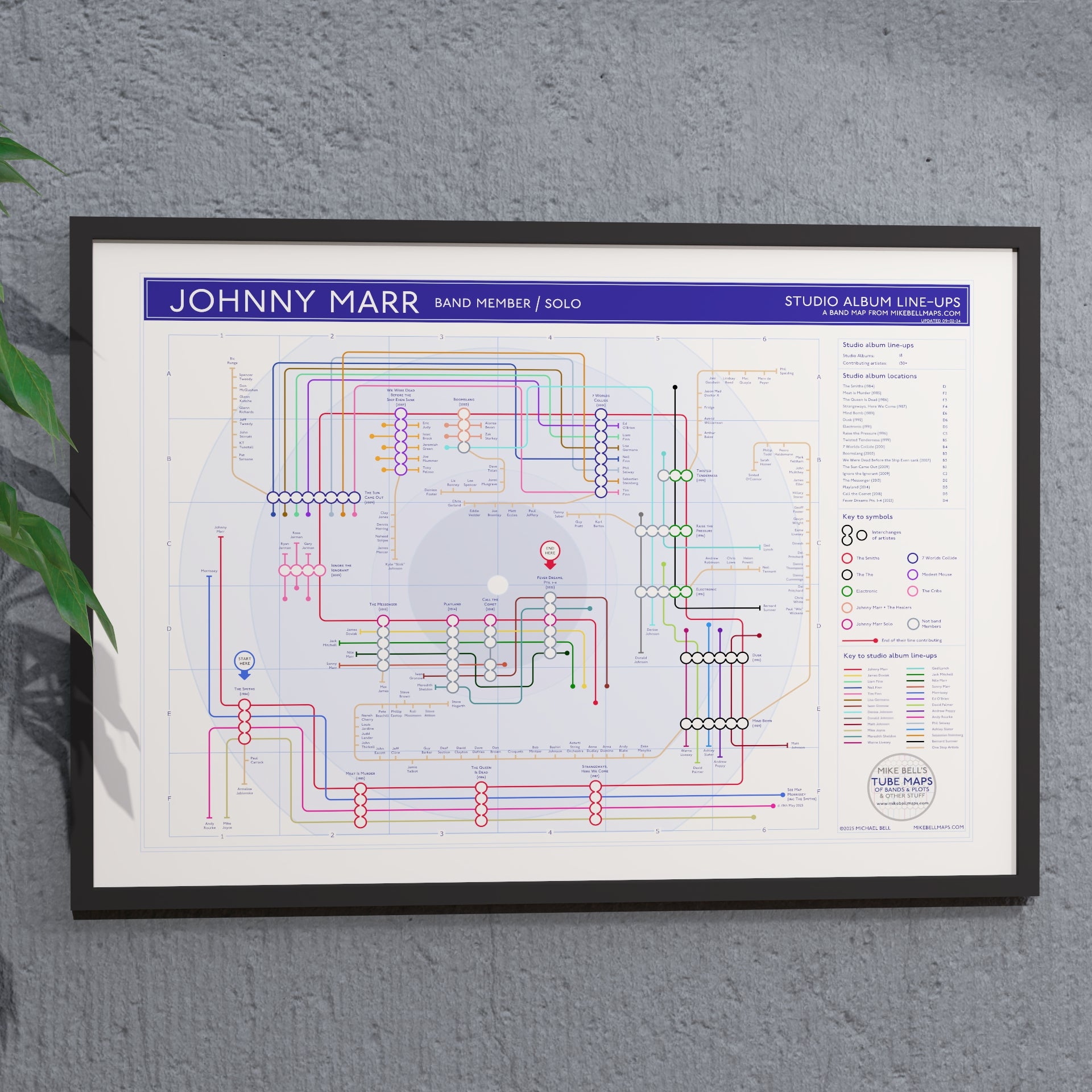 Framed A1: Johnny Marr gift for fans — discography tube map wall art, A1 size in black wooden frame, Giclée print by Mike Bell.
