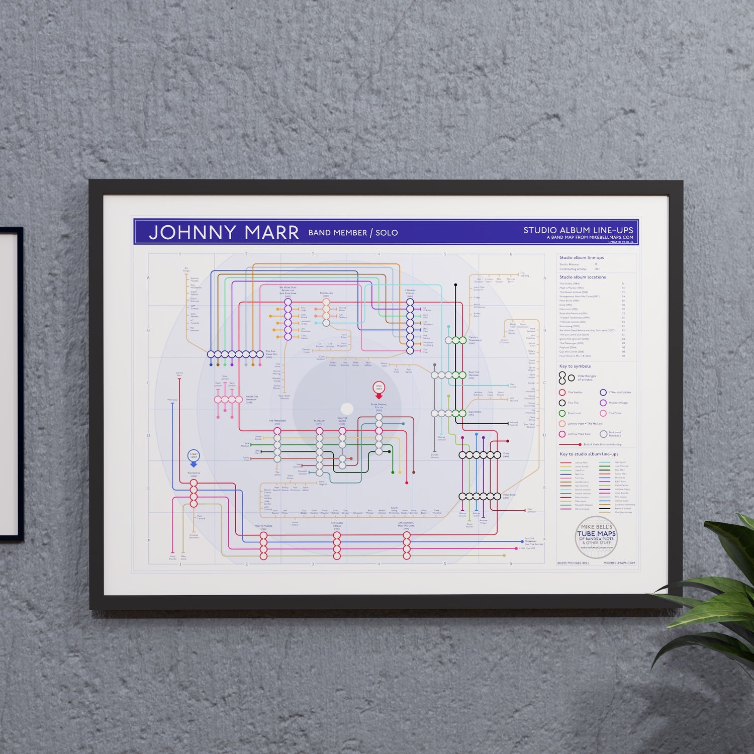 Johnny Marr gift for fans - discography tube map wall art, A2 size in black wooden frame, Giclée print by Mike Bell.