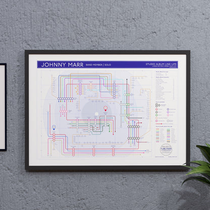 Johnny Marr gift for fans - discography tube map wall art, A2 size in black wooden frame, Giclée print by Mike Bell.