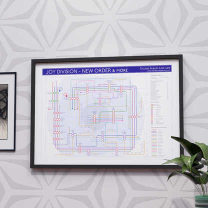 Joy Division and New Order combined discography tube map in A2 size, framed Giclée wall art print in black handmade Italian solid wood frame by Mike Bell.