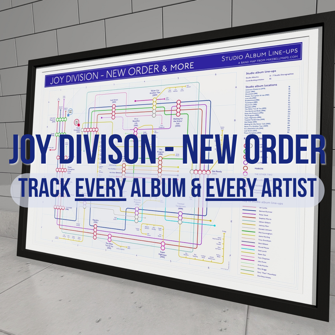 Framed poster with Joy Division and New Order albums credits on a tiled wall background