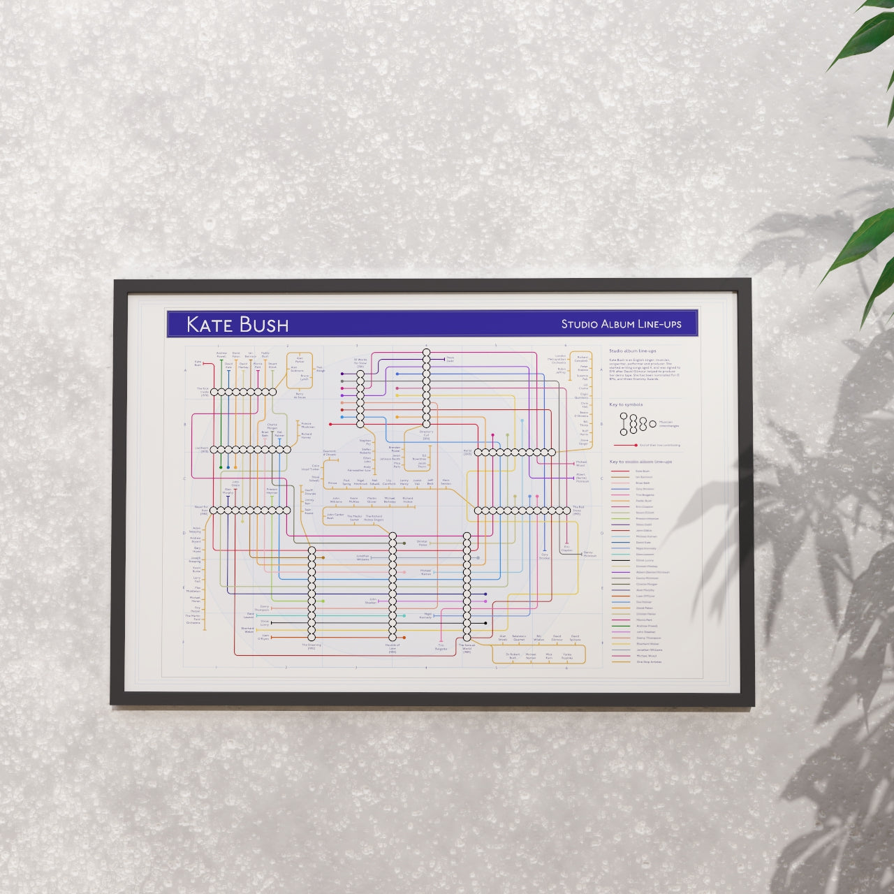 Framed 36x24 Kate Bush music map art print featuring complete discography connections, striking home decor for Kate Bush fans