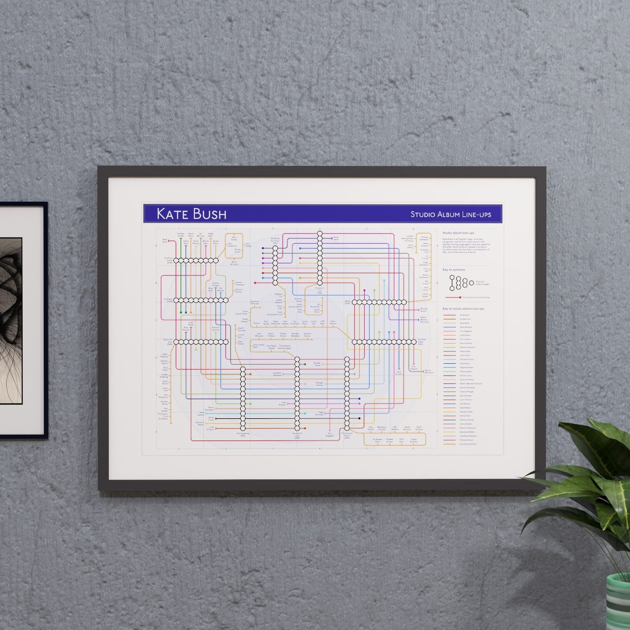 Kate Bush discography tube map in A2 (420x594mm, 18x24in), framed Giclée wall art print in a black wooden frame, designed by Mike Bell.