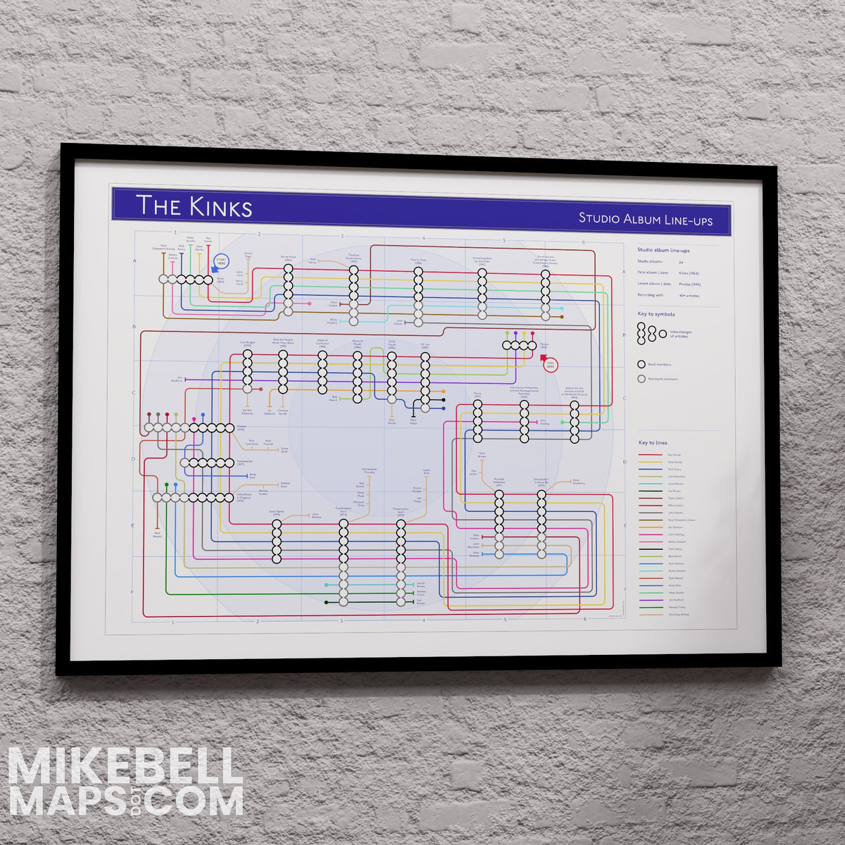 The Kinks discography music map wall art in an A1 landscape frame, Giclée wall art print showing the studio albums in order from 1964 onwards, designed by Mike Bell at mikebellmaps.com.