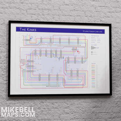 The Kinks discography music map wall art in a black A1 landscape frame, Giclée wall art print showing every studio album in order from 1964 onwards, designed by Mike Bell at mikebellmaps.com.