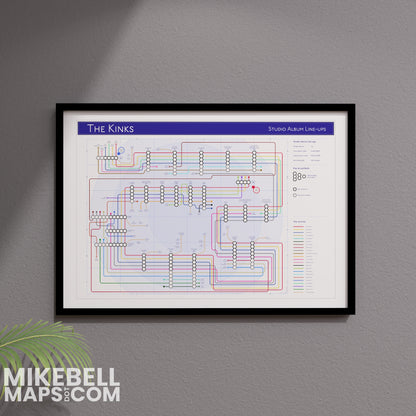 The Kinks discography music map wall art print in a black A2 landscape frame, Giclée wall art showing every studio album in order, designed by Mike Bell at mikebellmaps.com.