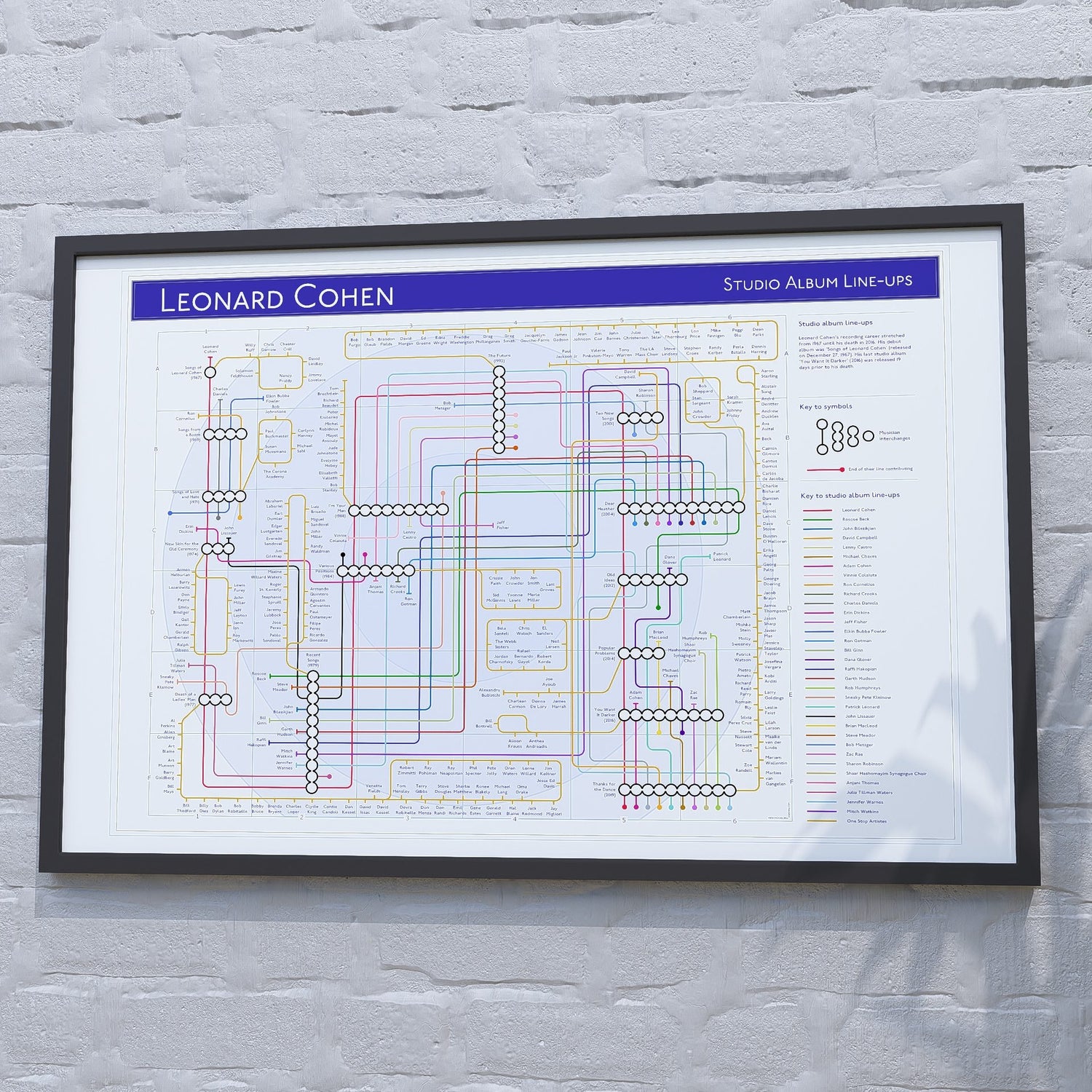 Gift for Leonard Cohen fans - 36x24in (A1 equivalent) framed Giclée discography tube map wall art print, designed by Mike Bell.