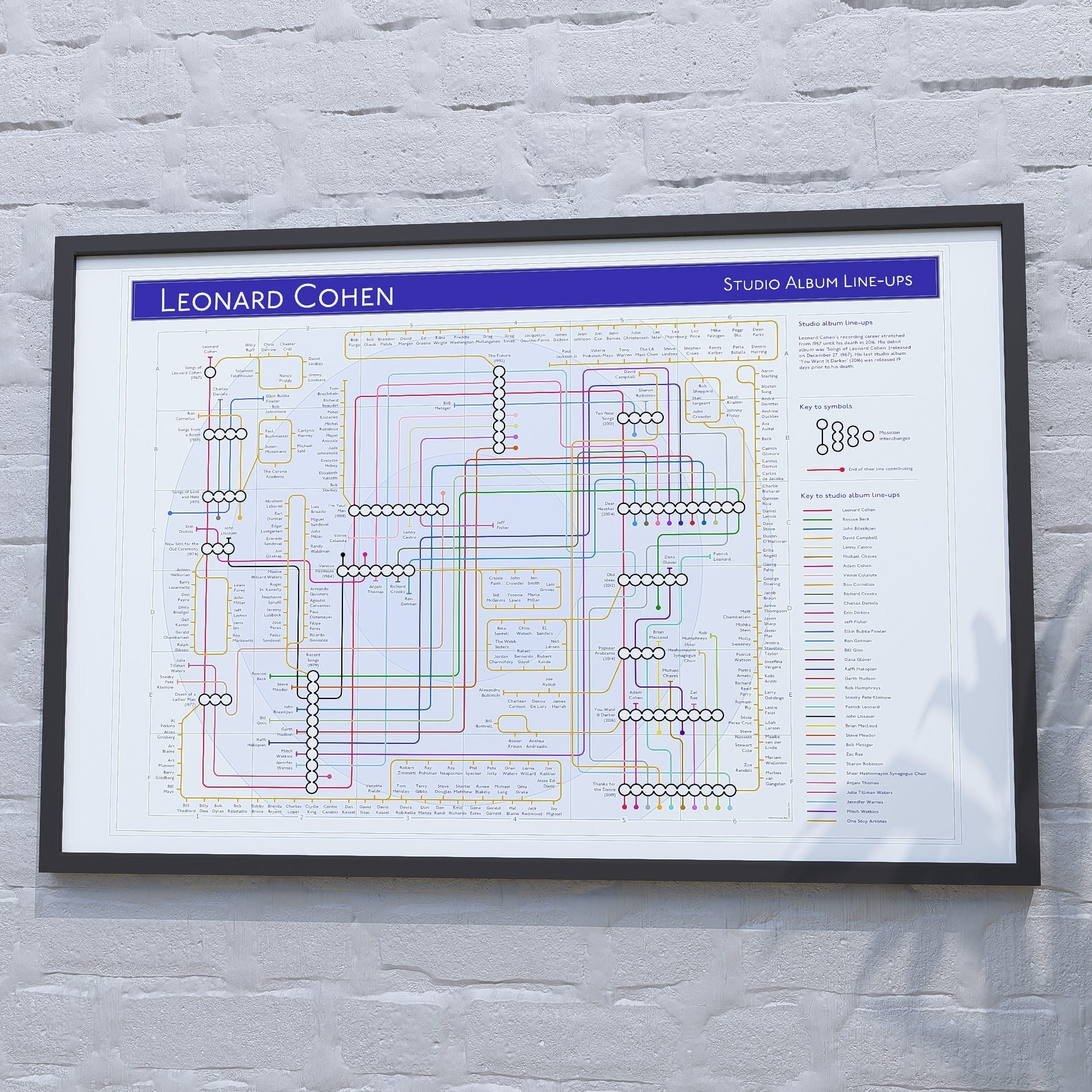 Gift for Leonard Cohen fans - 36x24in (A1 equivalent) framed Giclée discography tube map wall art print, designed by Mike Bell.