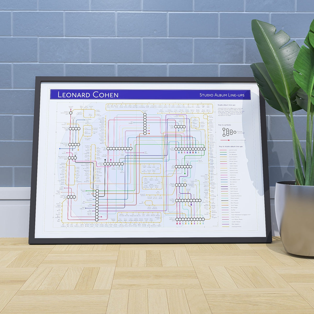 Ideal gift for Leonard Cohen fans - A1 framed Giclée discography map propped against a wall on the floor, showing the studio albums in order across five decades of recordings, designed by Mike Bell at mikebellmaps.com.