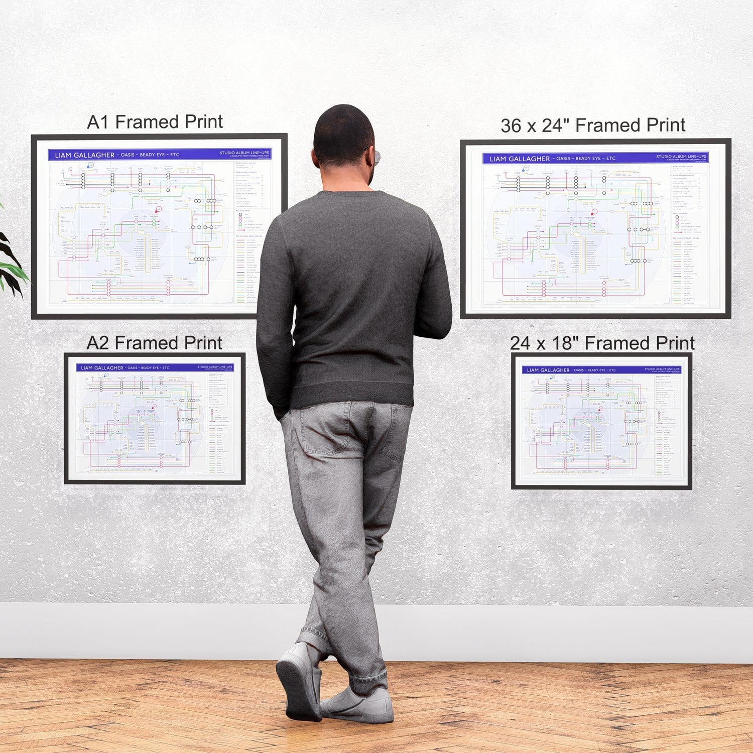 Liam Gallagher discography tube map wall art print collection shown across the A1, A2, 24x18in and 36x24in sizes, framed and unframed, designed by Mike Bell.