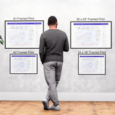 Liam Gallagher discography tube map wall art print collection shown across the A1, A2, 24x18in and 36x24in sizes, framed and unframed, designed by Mike Bell.