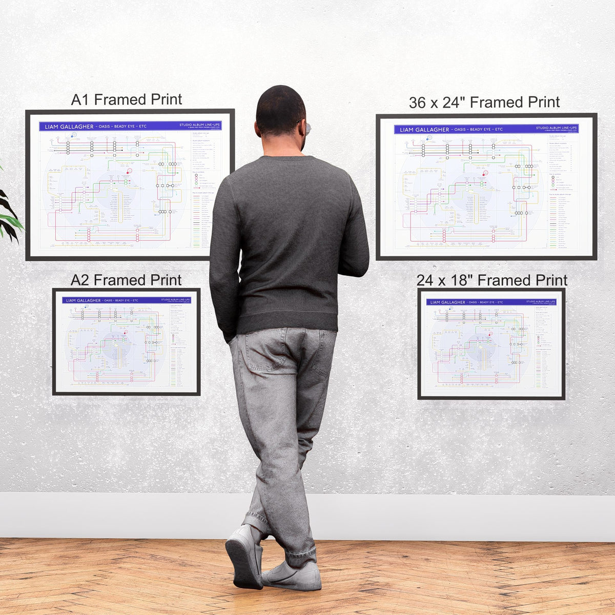 Liam Gallagher discography tube map wall art print collection shown across the A1, A2, 24x18in and 36x24in sizes, framed and unframed, designed by Mike Bell.