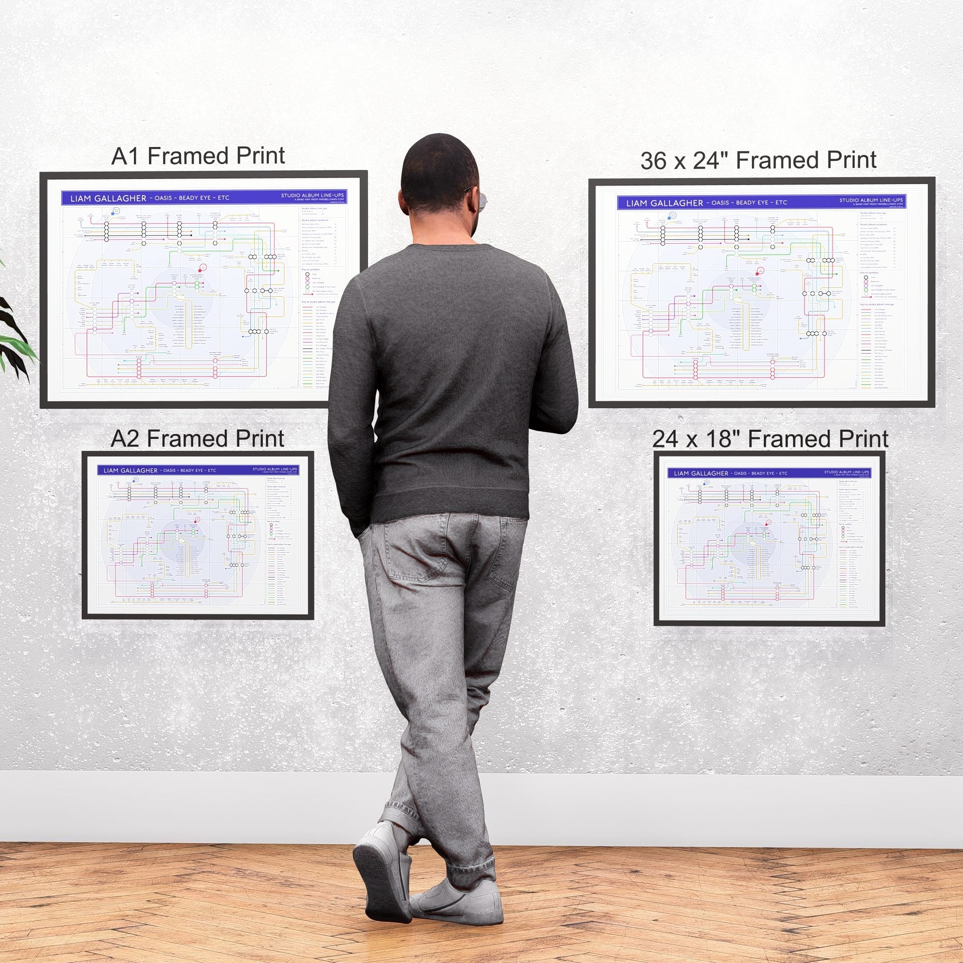 Liam Gallagher discography tube map wall art print collection shown across the A1, A2, 24x18in and 36x24in sizes, framed and unframed, designed by Mike Bell.