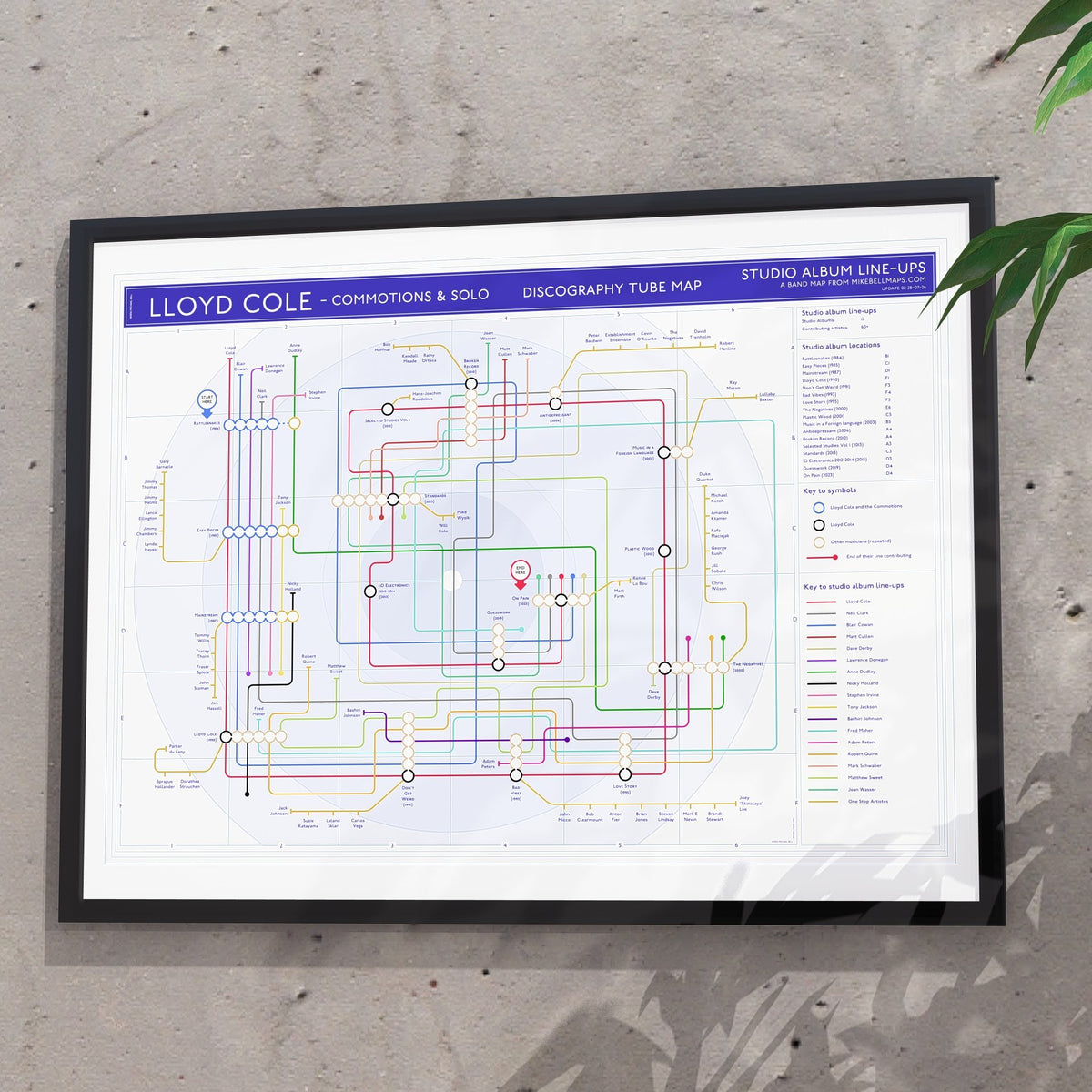 Lloyd Cole discography map in 24x18in, framed Giclée wall art print sized for US framing, designed by Mike Bell.