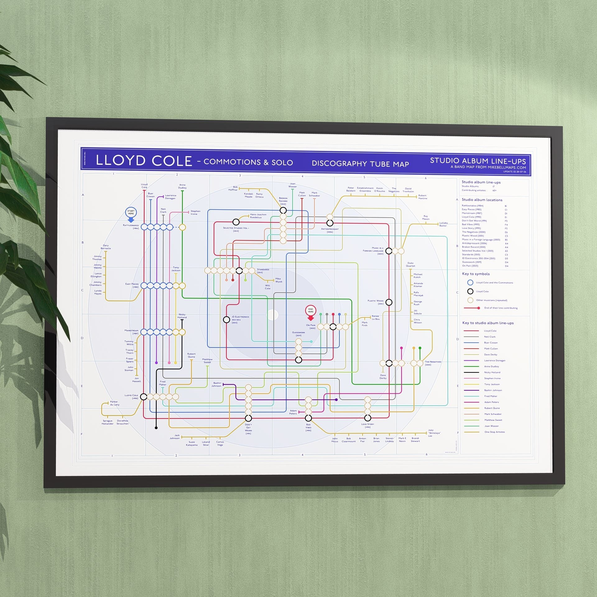 Ideal gift for Lloyd Cole fans - A1 framed Giclée discography tube map hung on a wall, designed by Mike Bell.