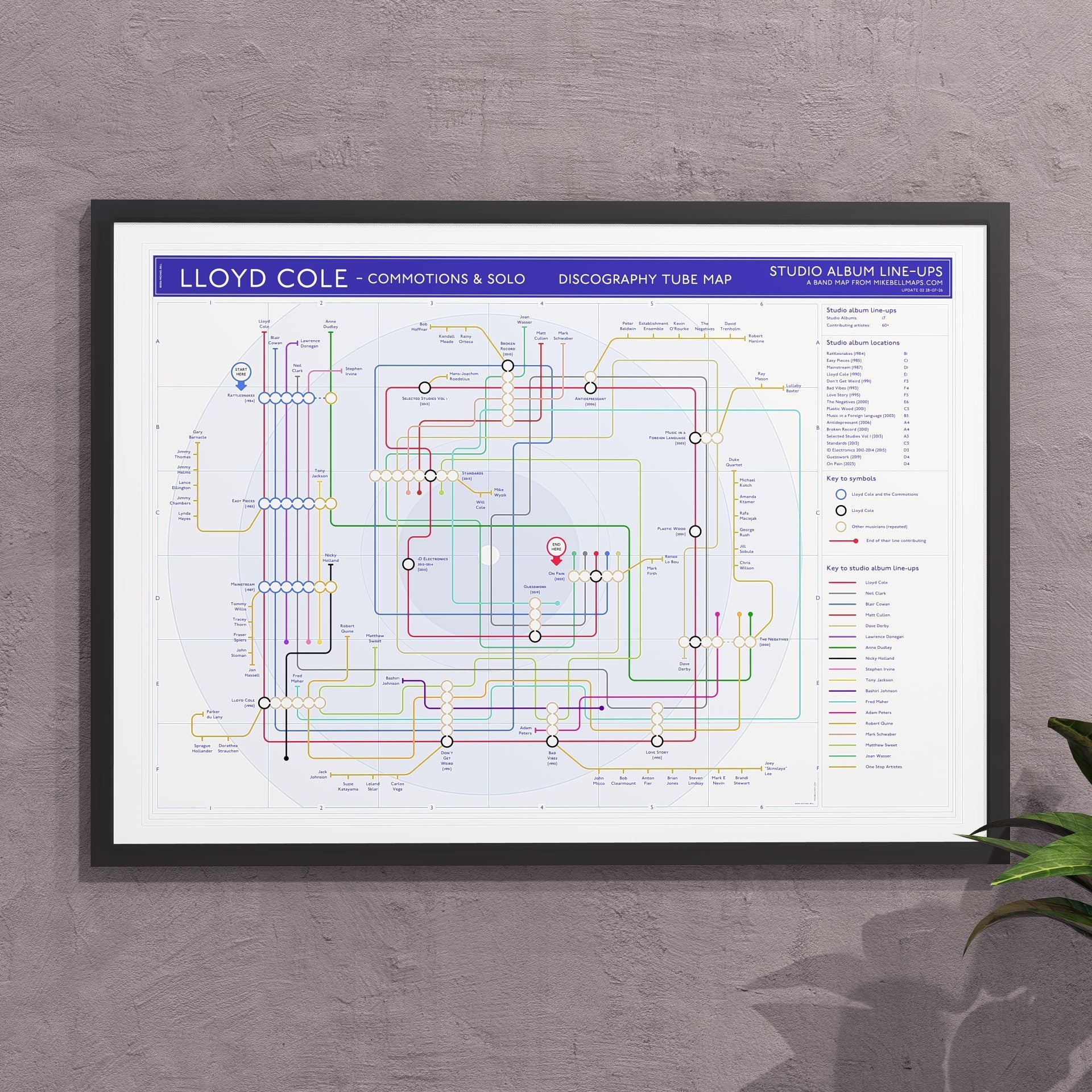 Gift for Lloyd Cole fans - A2 (420x594mm, 18x24in) framed Giclée discography tube map wall art print, designed by Mike Bell.
