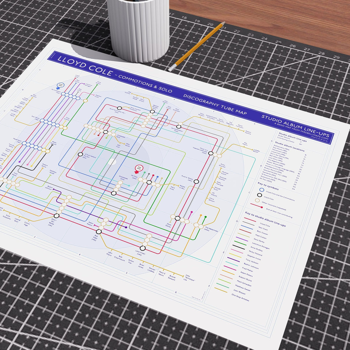 Lloyd Cole discography tube map in A2 (594 x 420 mm) unframed, Giclée art print showing each studio album as a station on the line, by Mike Bell.