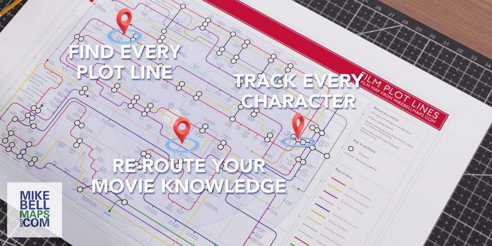Movie plot map with red markers and text on a white background