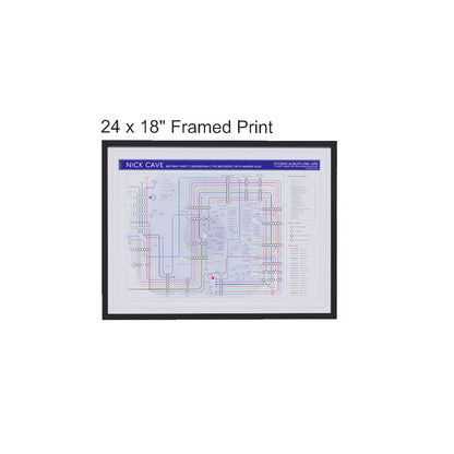 Nick Cave discography tube map in 24x18in size (A2 equivalent), framed Giclée wall art print in handmade Italian solid wood frame by Mike Bell.