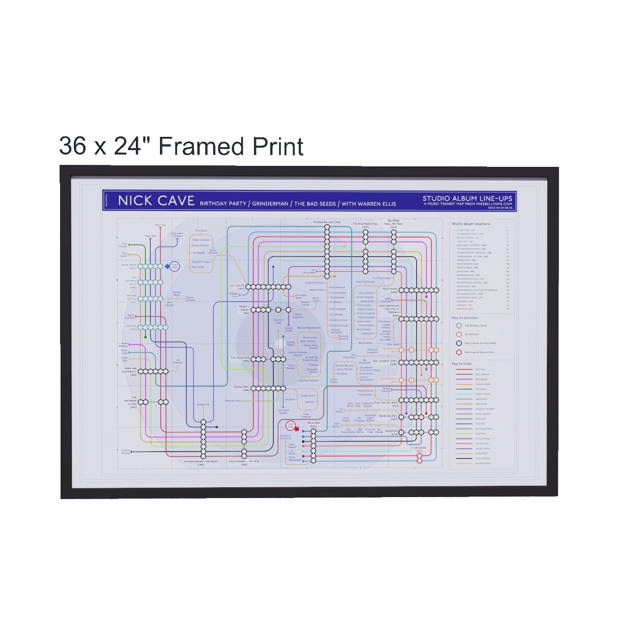 Nick Cave discography tube map in 36x24in size (A1 equivalent), framed Giclée wall art print in handmade Italian solid wood frame by Mike Bell.