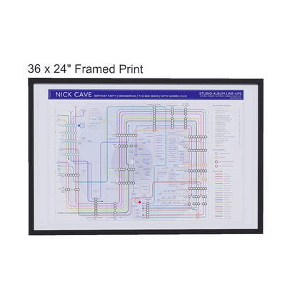 Nick Cave discography tube map in 36x24in size (A1 equivalent), framed Giclée wall art print in handmade Italian solid wood frame by Mike Bell.