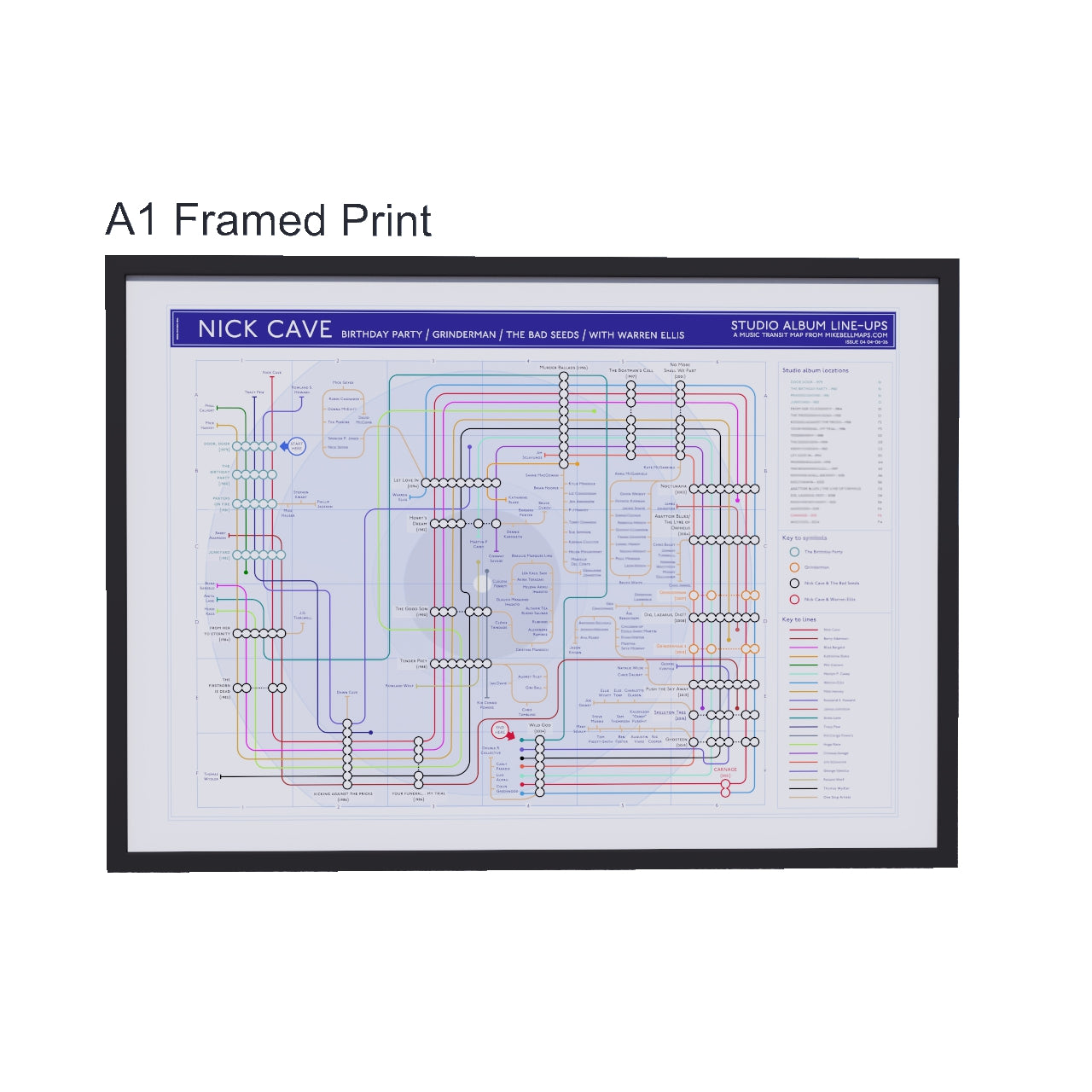 Nick Cave discography tube map in A1 size (594x841mm, 24x36in), framed Giclée wall art print in handmade Italian solid wood frame by Mike Bell.
