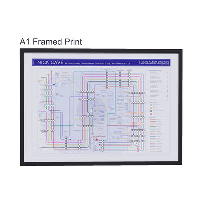 Nick Cave discography tube map in A1 size (594x841mm, 24x36in), framed Giclée wall art print in handmade Italian solid wood frame by Mike Bell.