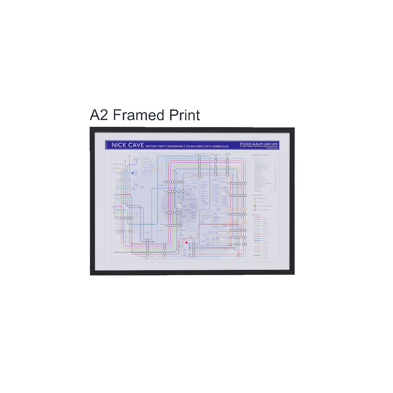 Nick Cave discography tube map in A2 size (420x594mm, 18x24in), framed Giclée wall art print in handmade Italian solid wood frame by Mike Bell.