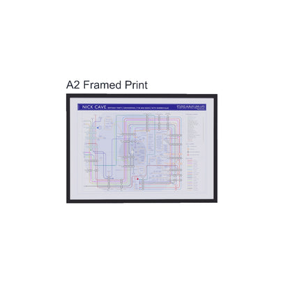 Nick Cave discography tube map in A2 size (420x594mm, 18x24in), framed Giclée wall art print in handmade Italian solid wood frame by Mike Bell.