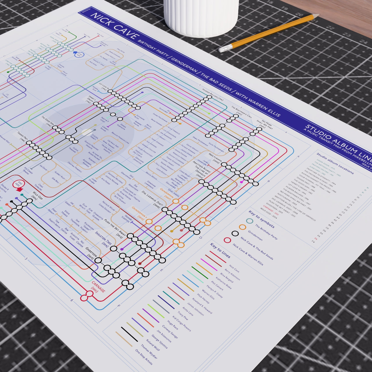 Nick Cave discography tube map in A2 size (420x594mm, 18x24in), Giclée wall art print shown unframed at an angle on a cutting mat by Mike Bell.