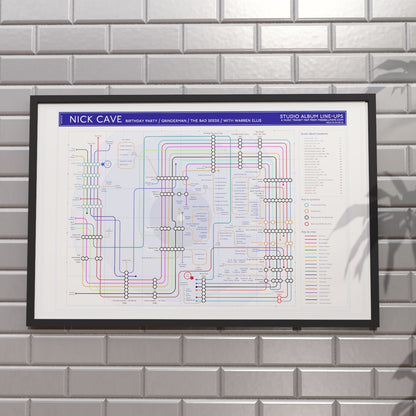 Perfect gift for Nick Cave fans - 36x24in (A1 equivalent) framed Giclée discography tube map hung on a wall, music wall art for fans, music lovers and vinyl collectors, designed by Mike Bell.