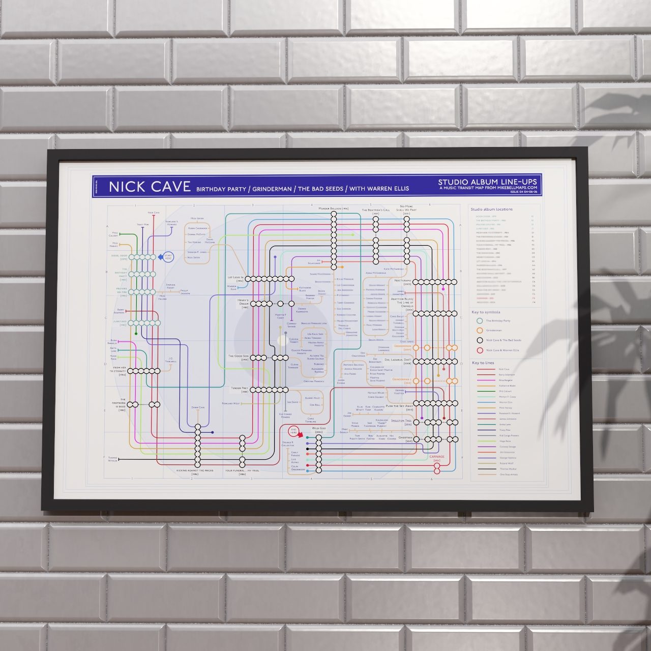 Perfect gift for Nick Cave fans - 36x24in (A1 equivalent) framed Giclée discography tube map hung on a wall, music wall art for fans, music lovers and vinyl collectors, designed by Mike Bell.