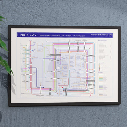 Ideal gift for Nick Cave fans - A1 framed Giclée discography tube map hung on a wall, showing every studio album from Door, Door (1979) to Wild God (2024) across The Boys Next Door, The Birthday Party, The Bad Seeds and Grinderman. Designed by Mike Bell.
