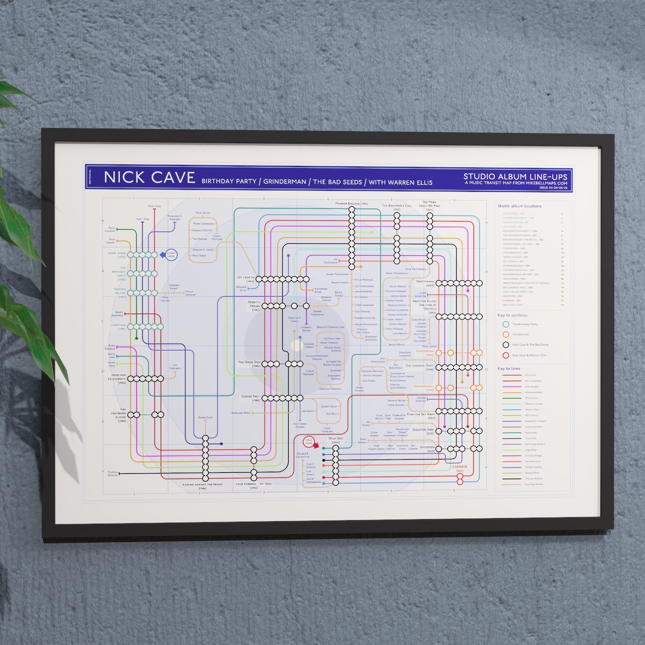 Ideal gift for Nick Cave fans - A1 framed Giclée discography tube map hung on a wall, showing every studio album from Door, Door (1979) to Wild God (2024) across The Boys Next Door, The Birthday Party, The Bad Seeds and Grinderman. Designed by Mike Bell.