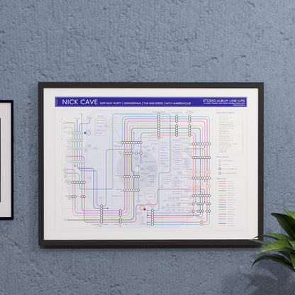 Music wall art gift for Cave and Bad Seeds fans - A2 framed Giclée discography tube map hung on a wall, showing Warren Ellis&