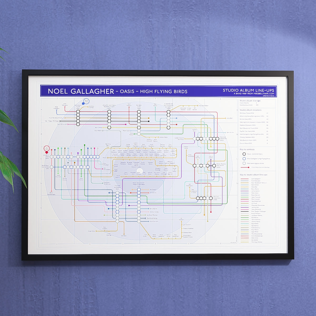 Noel Gallagher discography tube map in A1 (594x841mm, 24x36in), framed Giclée wall art print hung in a black wooden frame on a blue wall, designed by Mike Bell.