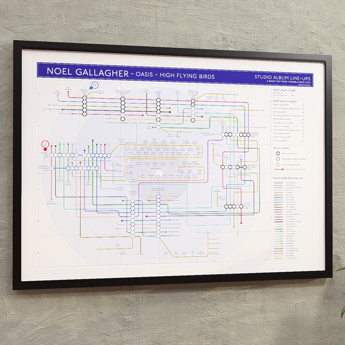 Noel Gallagher discography tube map in A2 (420x594mm, 18x24in), framed Giclée wall art print in a black wooden frame, designed by Mike Bell.