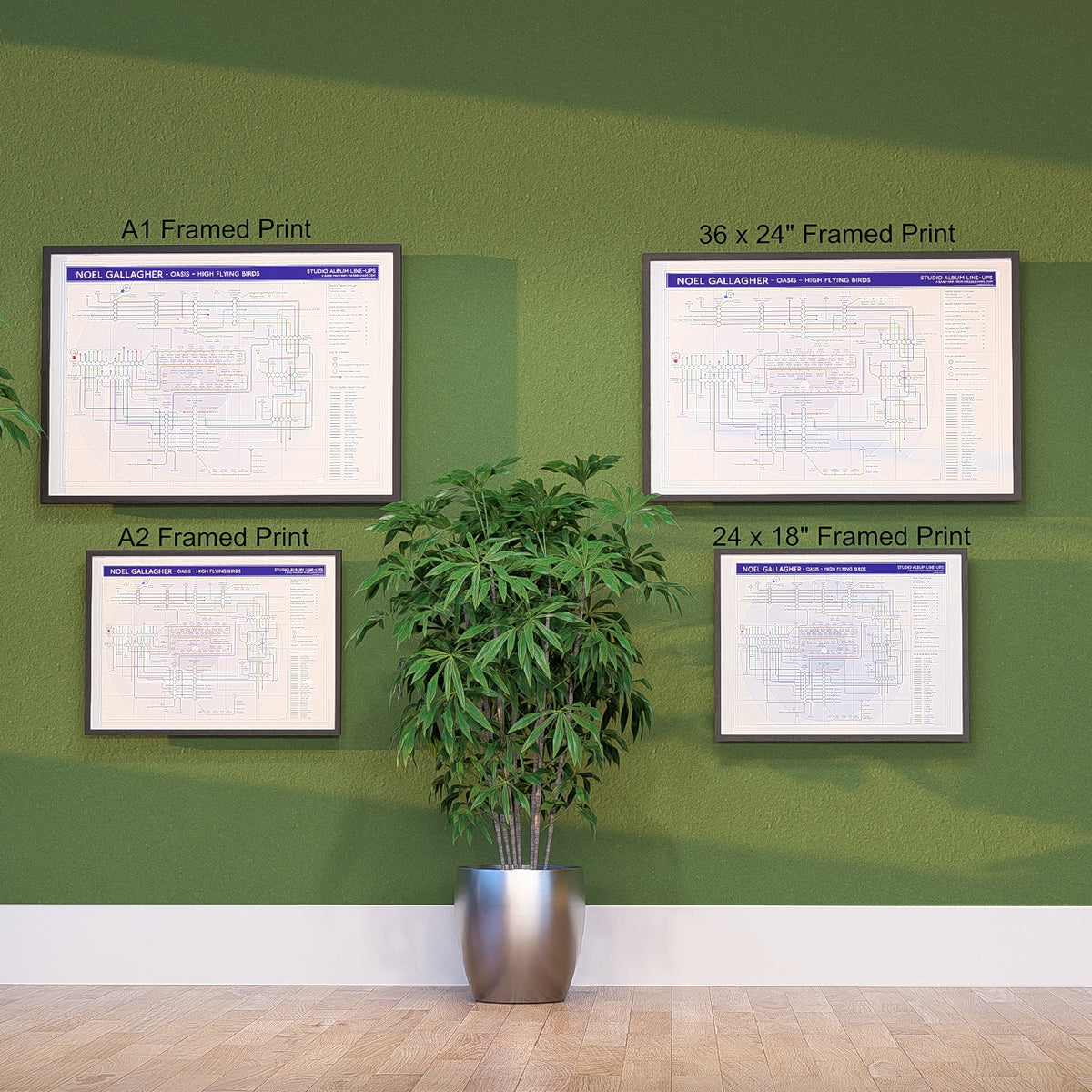 Noel Gallagher discography tube map wall art print collection shown across the A1, A2, 24x18in and 36x24in sizes, framed and unframed, designed by Mike Bell.