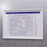 Paul McCartney discography map in A1 size, framed Giclée wall art print in white handmade Italian solid wood frame by Mike Bell.