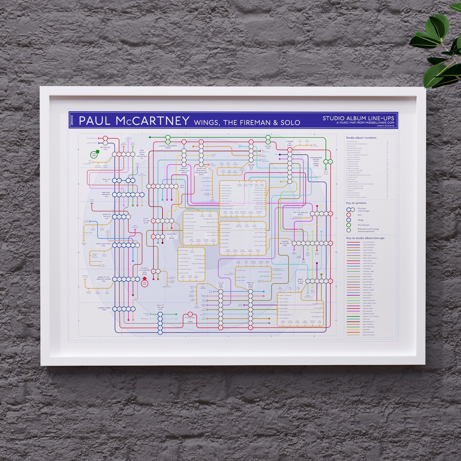 Paul McCartney discography map in A2 size, framed Giclée wall art print in white handmade Italian solid wood frame by Mike Bell.