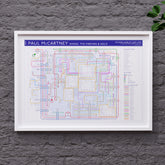 Paul McCartney discography map in A2 size, framed Giclée wall art print in white handmade Italian solid wood frame by Mike Bell.