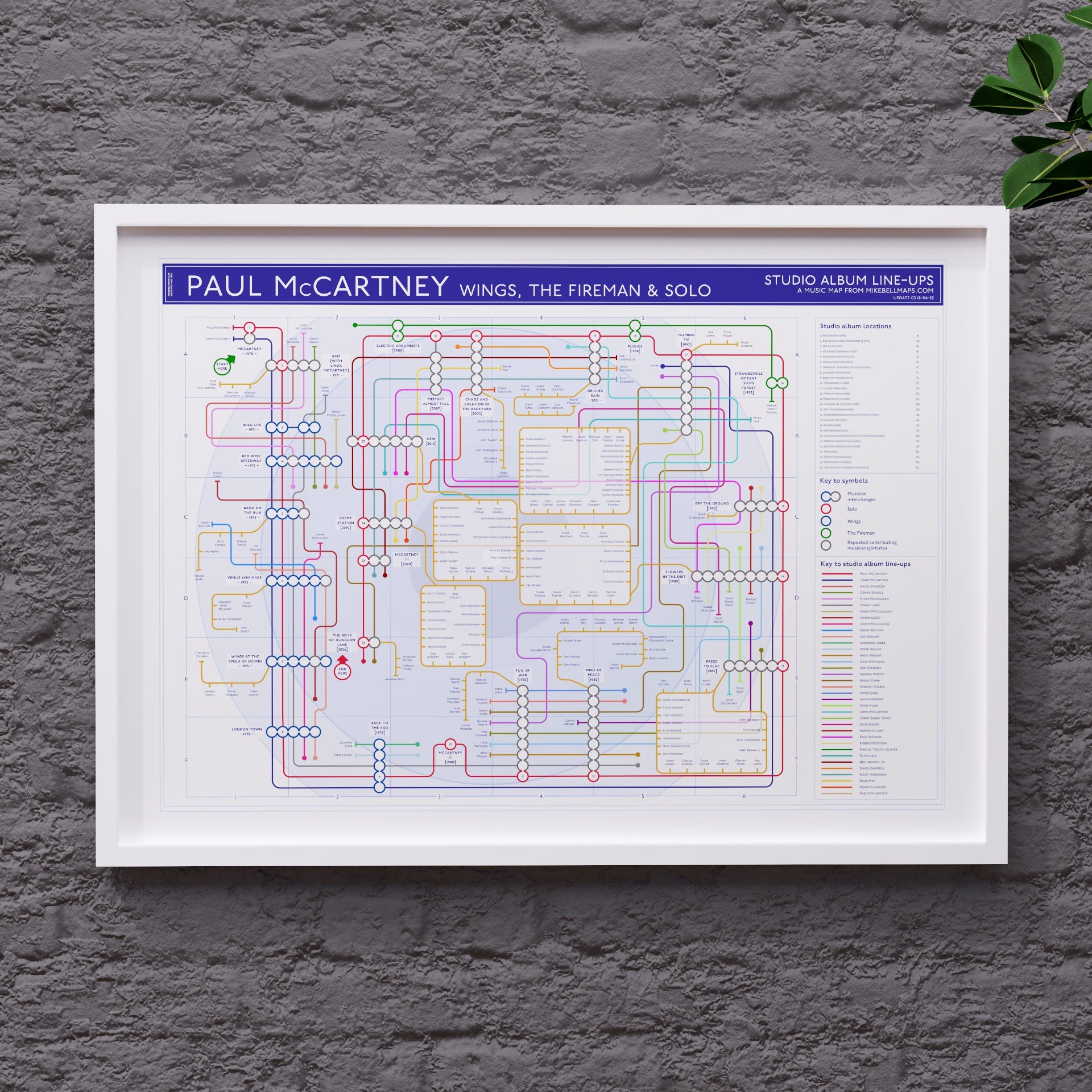 Paul McCartney discography map in A2 size, framed Giclée wall art print in white handmade Italian solid wood frame by Mike Bell.