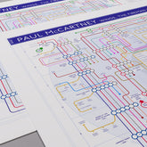 Close-up of the Paul McCartney discography map showing the three Fireman ambient records with Youth and the 2026 album The Boys of Dungeon Lane as the most recent station, designed by Mike Bell.