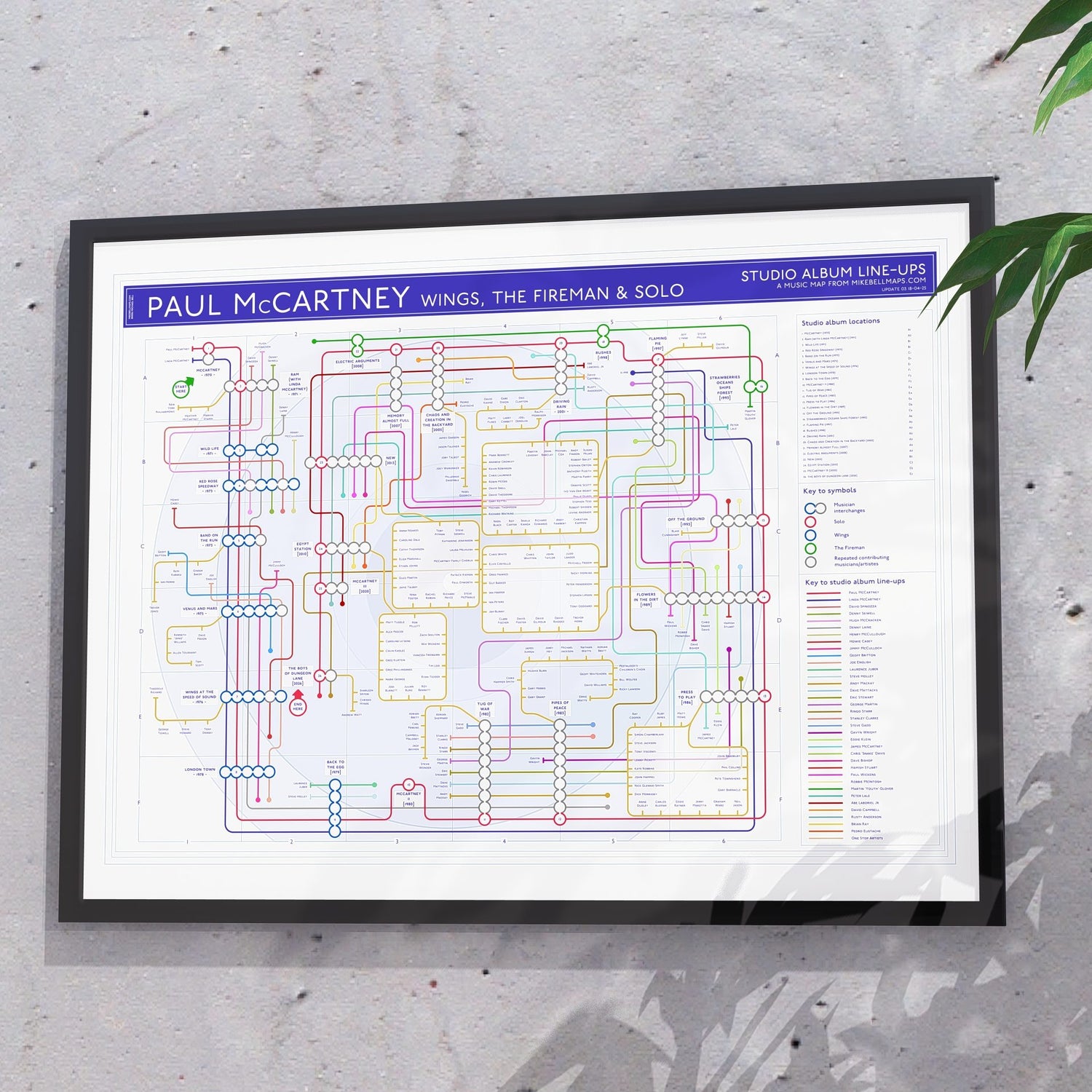 Paul McCartney and Wings discography map in 24x18in, framed Giclée wall art print, designed by Mike Bell.
