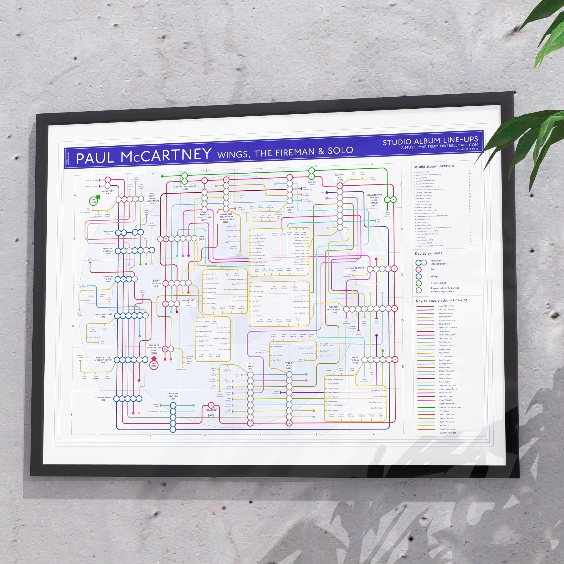 Paul McCartney and Wings discography map in 24x18in, framed Giclée wall art print, designed by Mike Bell.