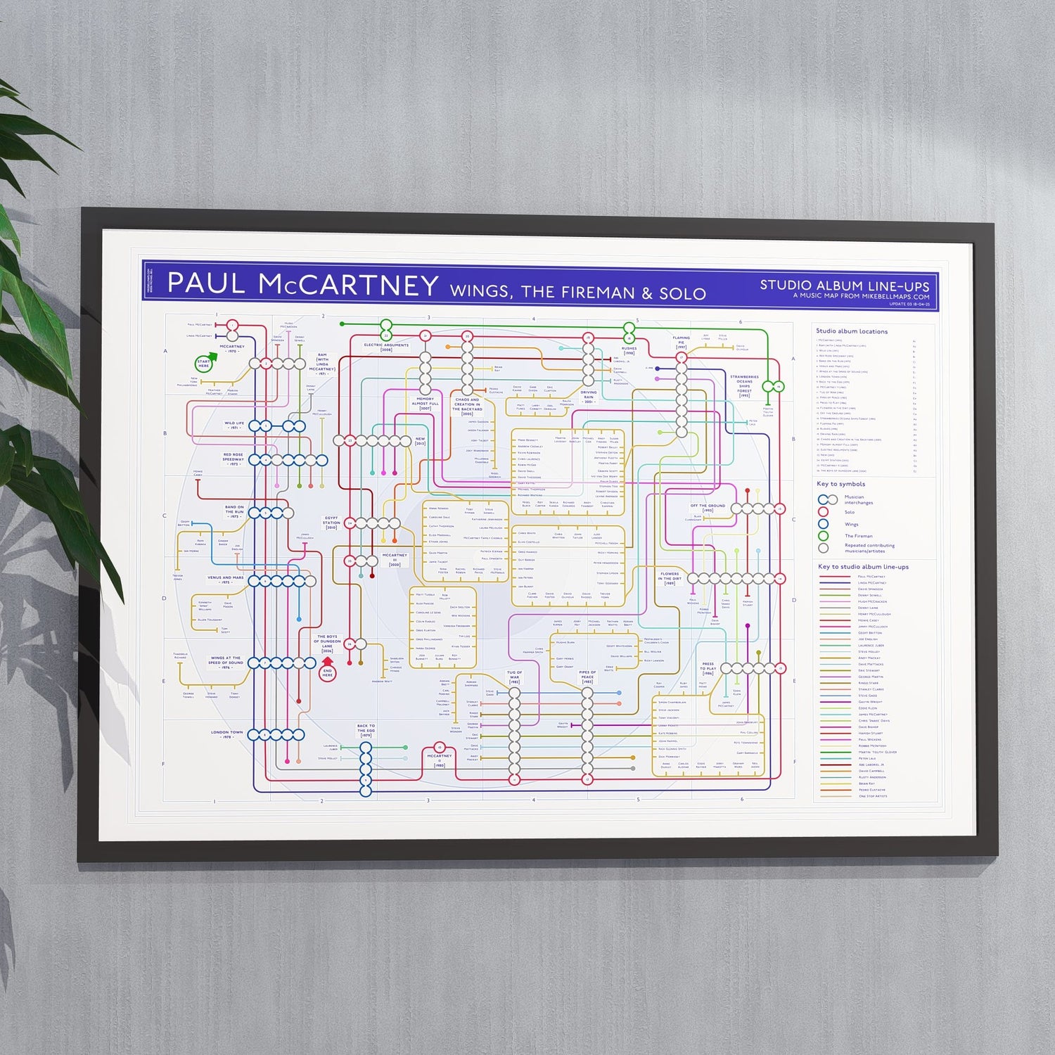 Ideal gift for Paul McCartney fans - A1 framed Giclée discography tube map hung on a feature wall, covering Wings, The Fireman and solo albums, designed by Mike Bell at mikebellmaps.com.