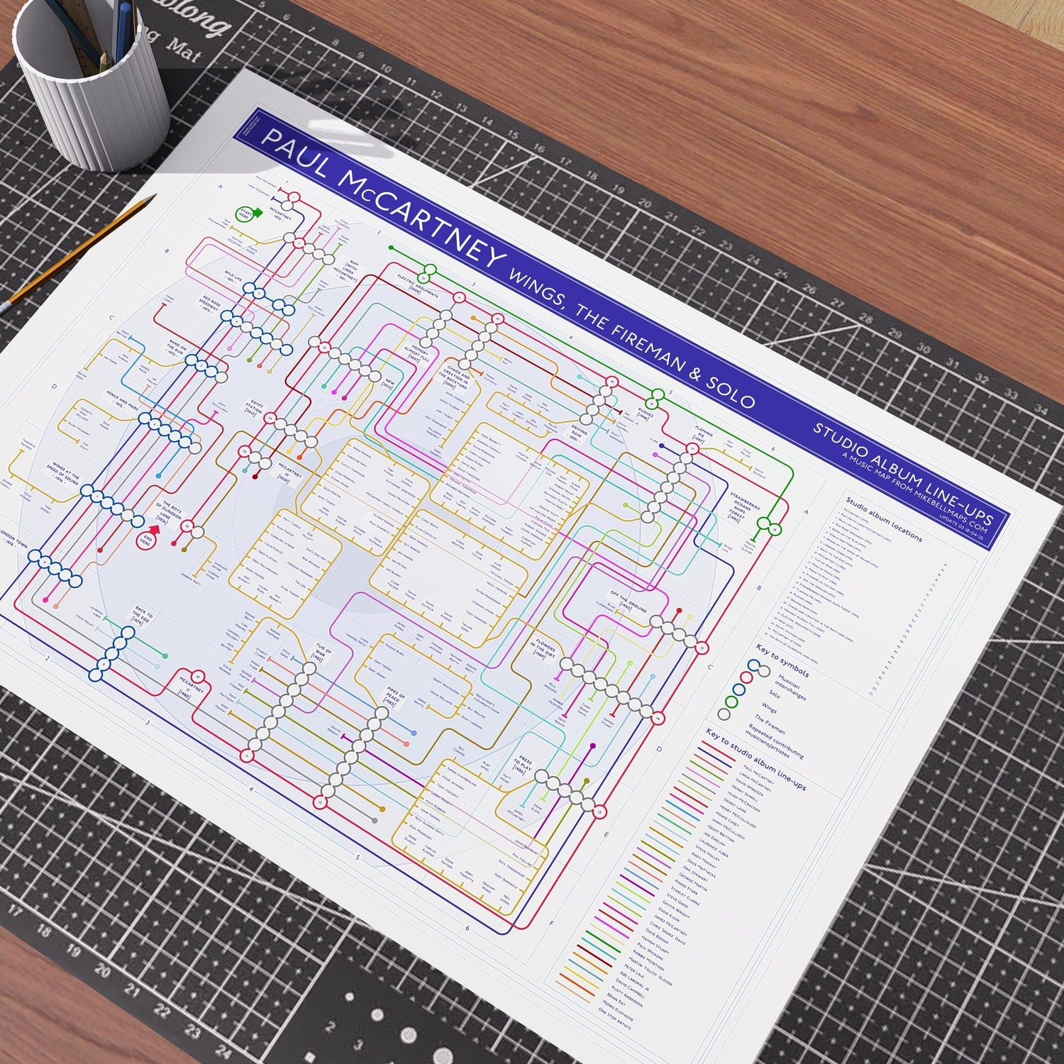 Paul McCartney and Wings discography tube map in A1 size, unframed landscape Giclée wall art print showing every studio album in order, by Mike Bell.