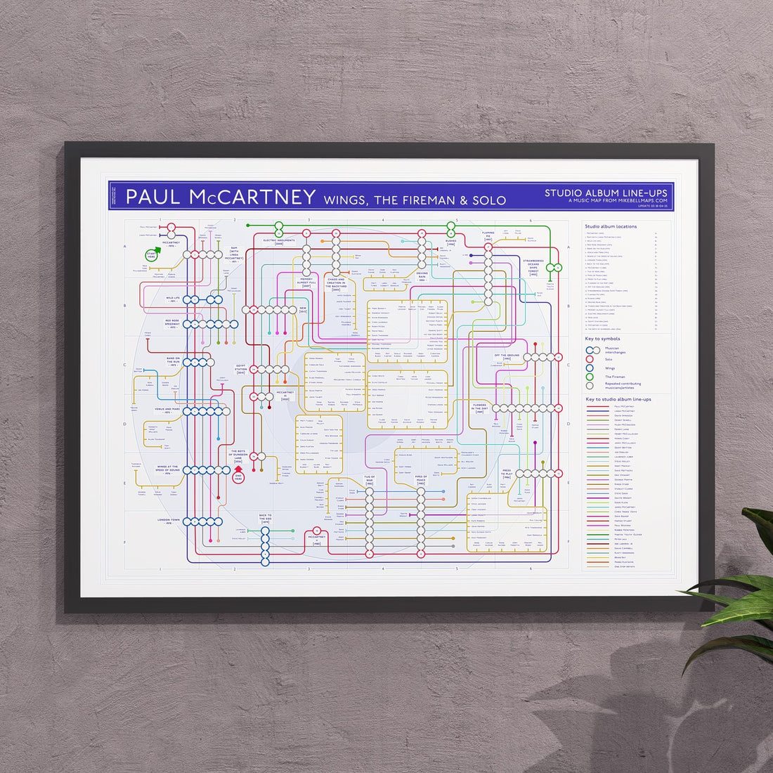 Paul McCartney and Wings discography tube map in A2 size, framed Giclée wall art print by Mike Bell.