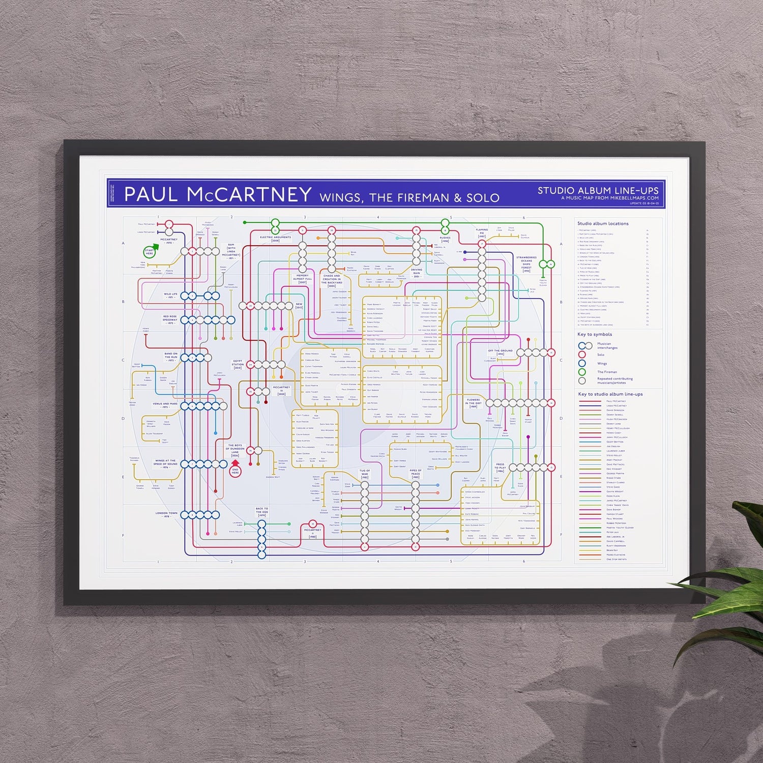 Paul McCartney and Wings discography tube map in A2 size, framed Giclée wall art print by Mike Bell.
